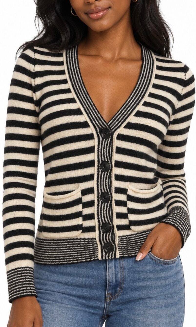 Madewell 100% Merino Wool Black Cream Striped Cardigan Size Extra Small